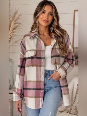 Bailey Rose Oversized Plaid Shacket Pink Cream Button Down Jacket Size L